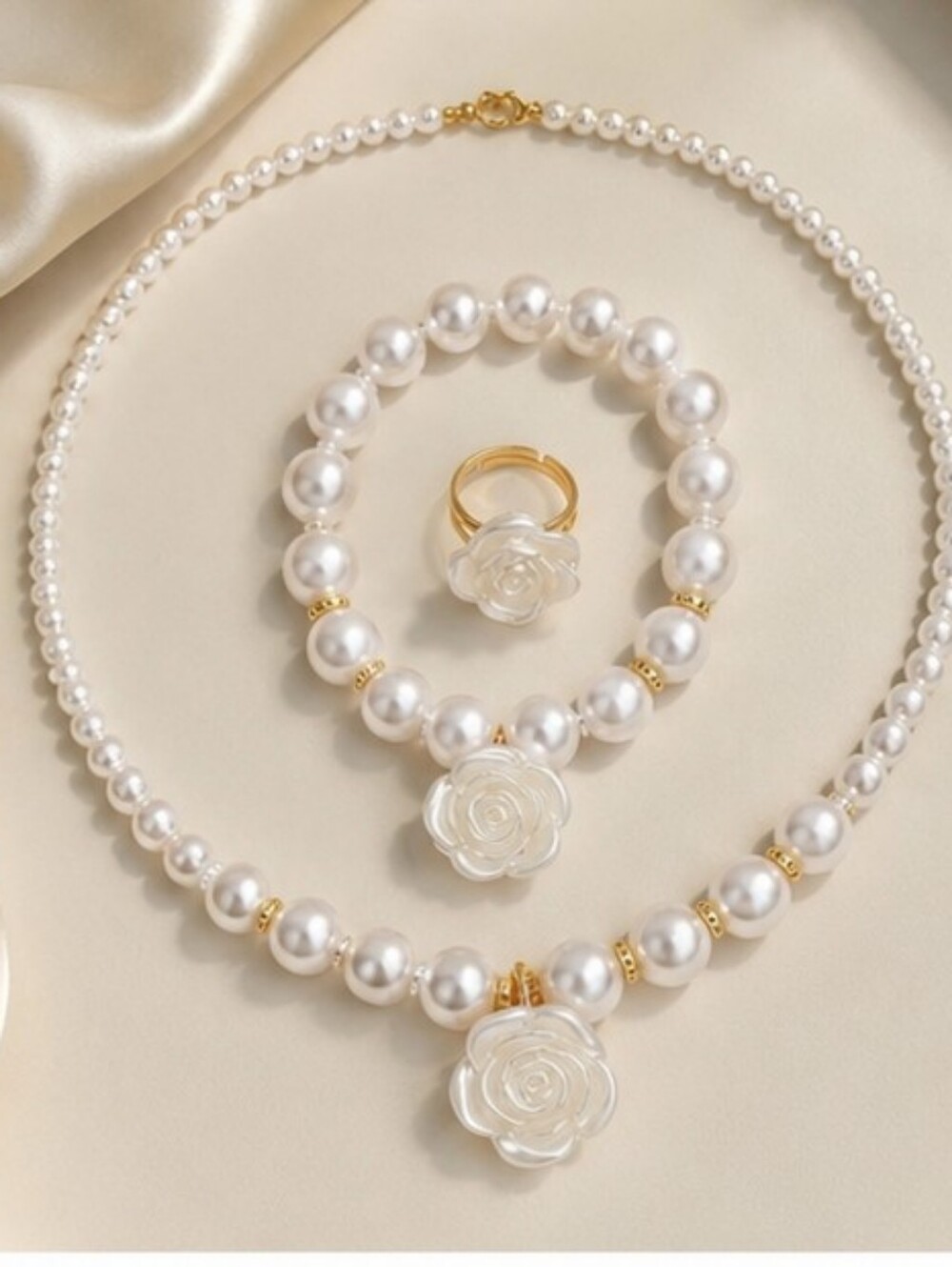Pearl Rose Pendant Necklace & Bracelet Set with Ring - White Pearlescent
